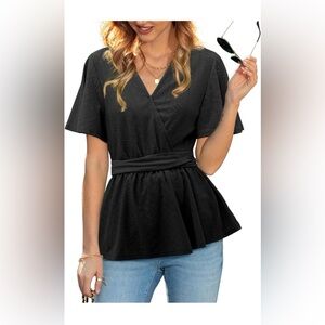 Beluring Women's Black Peplum Eyelet Casual Short Sleeve V Neck Blouse Size 2XL